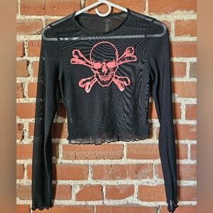 Mesh Top with Red Skull and Crossbone Long Sleeve Black Top in Size Small